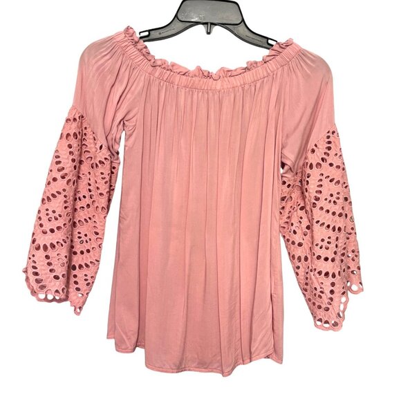 Pink Off-Shoulder Blouse W/ Eyelet Bell Sleeves For Women - Size Small - Picture 2 of 6